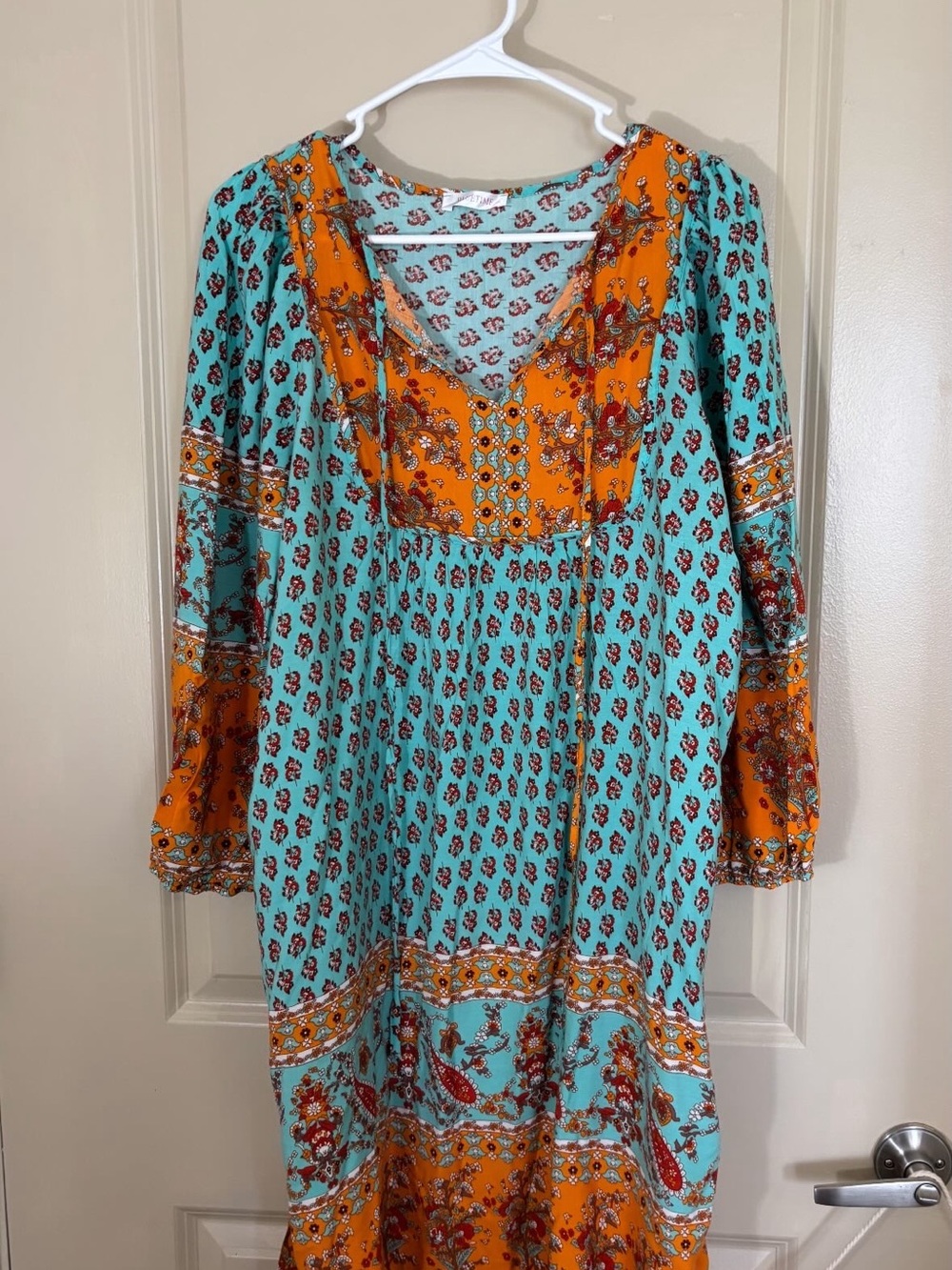 Boho Floral Patchwork Midi Dress in Teal and Orange